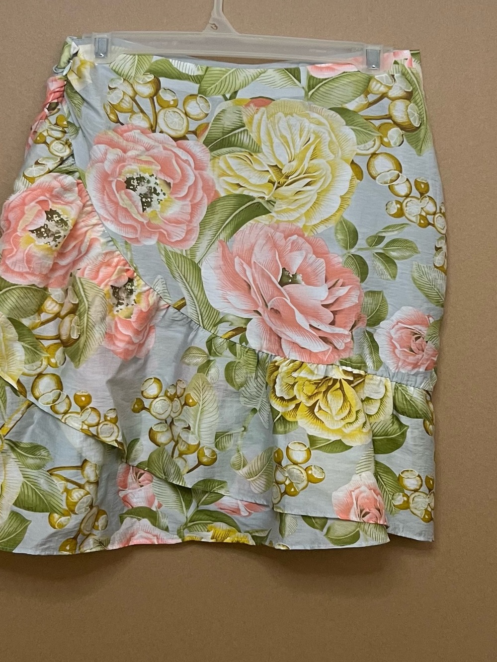 Express Floral Asymmetrical Ruffle Skirt in Pink, Yellow & Green